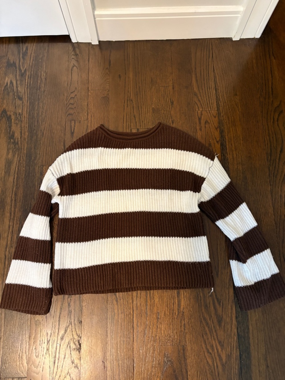 Striped Brown and White Crewneck Women's Sweater